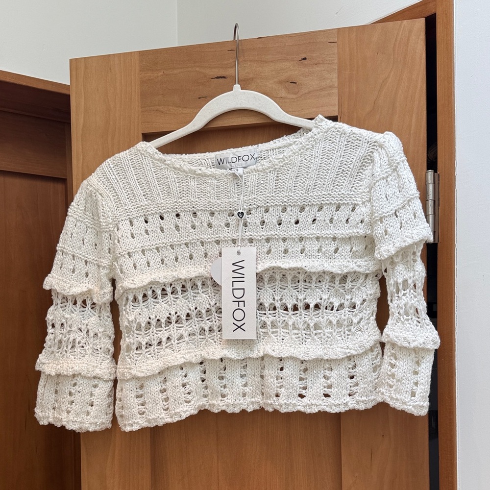 NWT Wildfox Ivory Open-Knit Cropped Sweater bell sleeve silver sequins festival